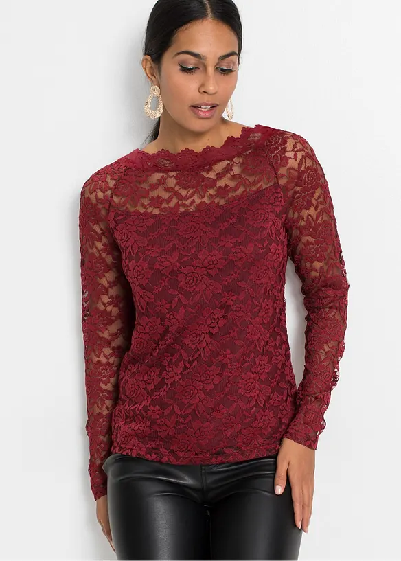 Langarmshirt mit Spitze in rot von vorne (im Anschnitt) - bonprix