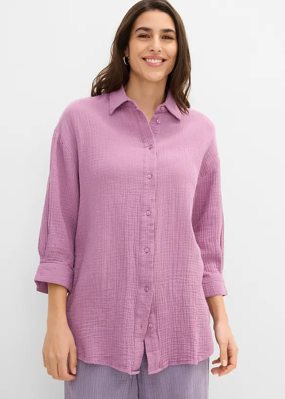Musselin-Hemdbluse aus reiner Baumwolle in lila von vorne (im Anschnitt) - bonprix Musselin-Hemdbluse aus reiner Baumwolle in lila von vorne (im Anschnitt) - bonprix