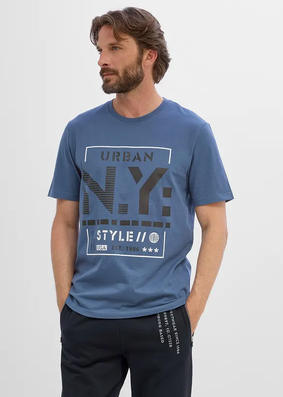T-Shirt aus reiner Bio-Baumwolle in blau von vorne (im Anschnitt) - bonprix