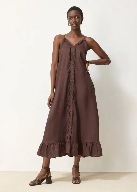 Maxikleid aus reinem Leinen in braun von vorne (Totalaufnahme) - bonprix Maxikleid aus reinem Leinen in braun von vorne (Totalaufnahme) - bonprix