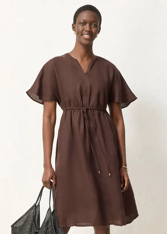 Kleid aus reinem Leinen in braun von vorne (Totalaufnahme) - bonprix