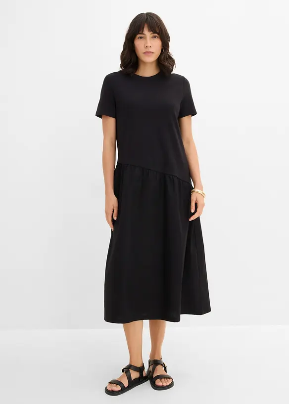 Shirtkleid aus Materialmix in schwarz von vorne (Totalaufnahme) - bonprix