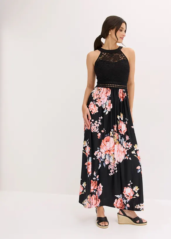 Maxikleid mit Spitze in schwarz von vorne (Totalaufnahme) - bonprix Maxikleid mit Spitze in schwarz von vorne (Totalaufnahme) - bonprix