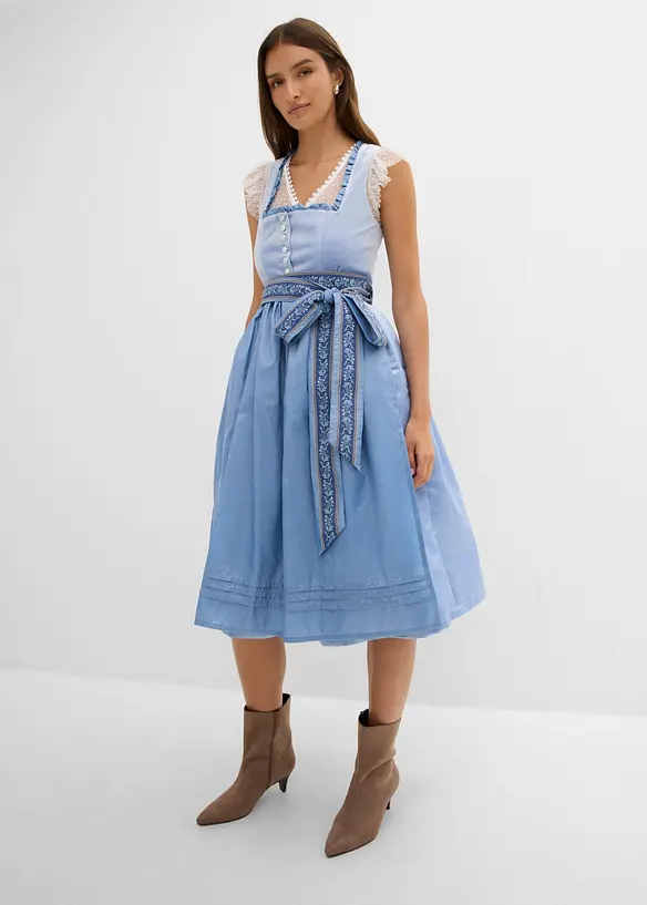 Dirndl mit Samt in Midilänge (2-tlg.Set) in blau von vorne (Totalaufnahme) - bonprix