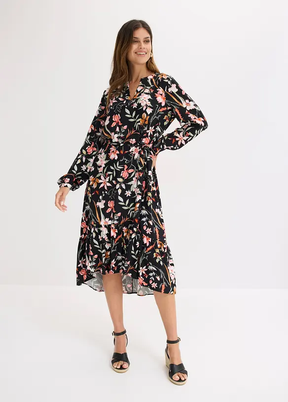 Midikleid aus fliessender Viskose in schwarz von vorne (Totalaufnahme) - bonprix Midikleid aus fliessender Viskose in schwarz von vorne (Totalaufnahme) - bonprix