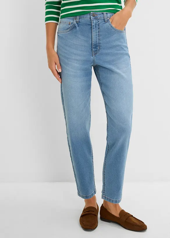 Mom-Jeans High Waist cropped in blau von vorne - bonprix