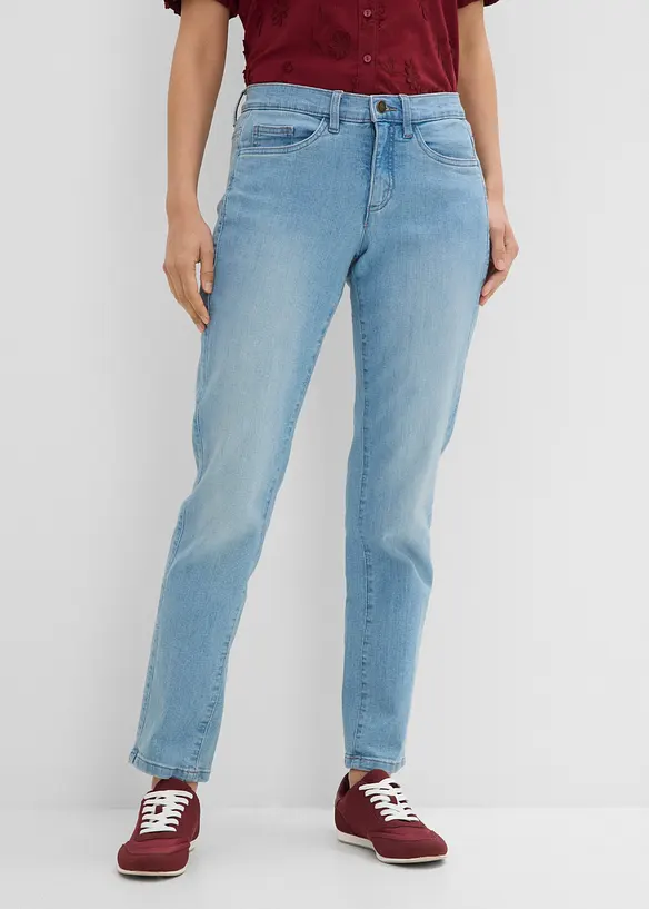 Straight Jeans Mid Waist, Stretch in blau von vorne - bonprix Straight Jeans Mid Waist, Stretch in blau von vorne - bonprix