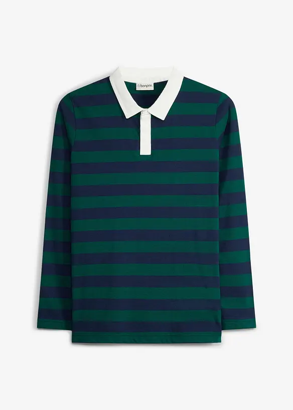 Langarm-Poloshirt aus weicher Bio Baumwolle in blau von vorne - bonprix