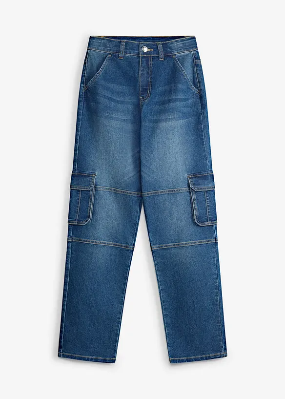 Loose-Fit-Cargojeans mit verstellbarem Bund, Straight in blau von vorne - bonprix Loose-Fit-Cargojeans mit verstellbarem Bund, Straight in blau von vorne - bonprix