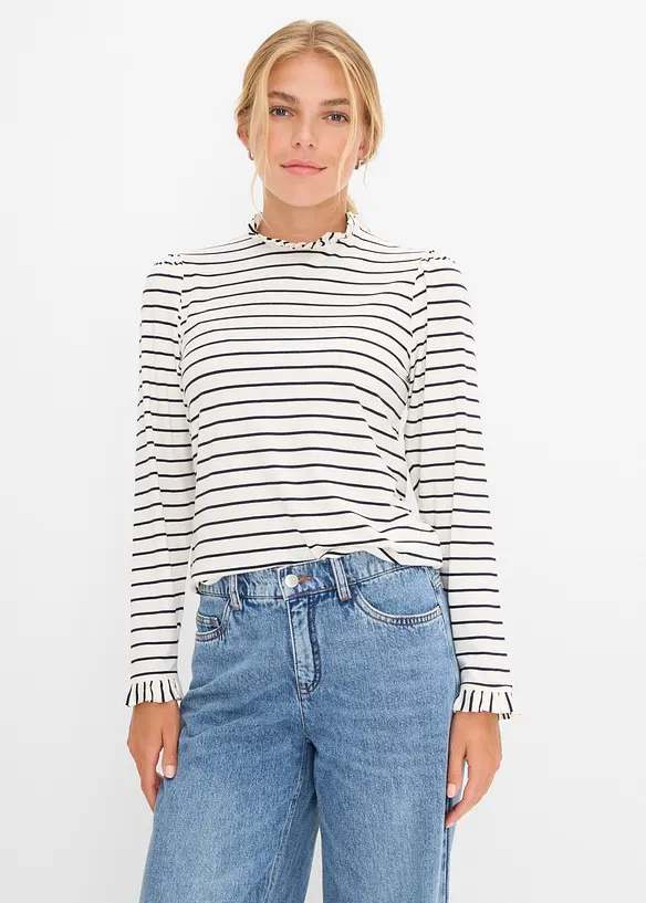 Langarmshirt mit Rüschen in weiß von vorne (im Anschnitt) - bonprix Langarmshirt mit Rüschen in weiß von vorne (im Anschnitt) - bonprix
