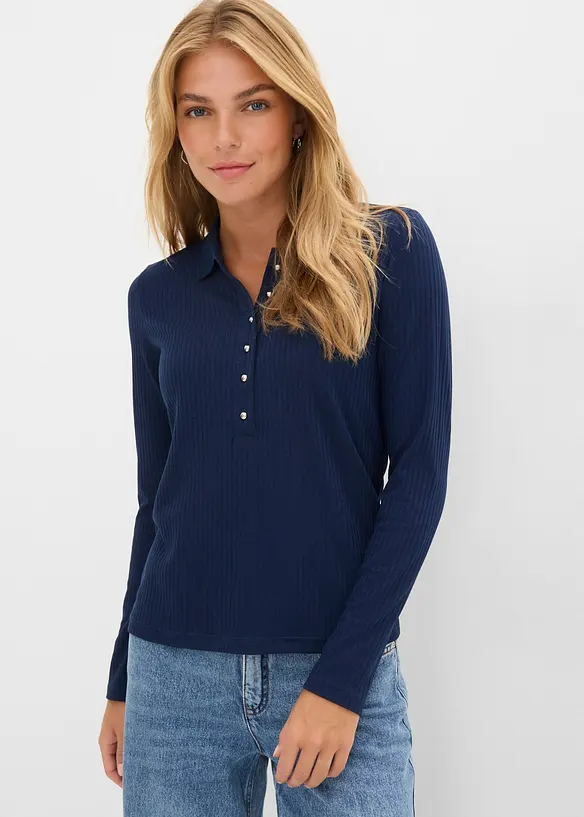 Geripptes Poloshirt in blau von vorne (im Anschnitt) - bonprix Geripptes Poloshirt in blau von vorne (im Anschnitt) - bonprix