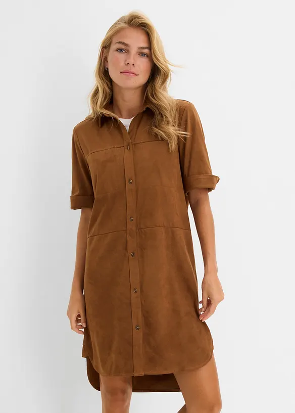 Hemdblusenkleid in Velourslederimitat in braun von vorne (Totalaufnahme) - bonprix