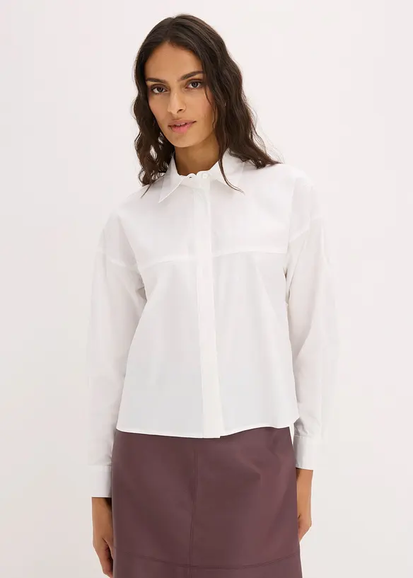 Hemdbluse aus Baumwoll-Mix in weiß von vorne (im Anschnitt) - bonprix