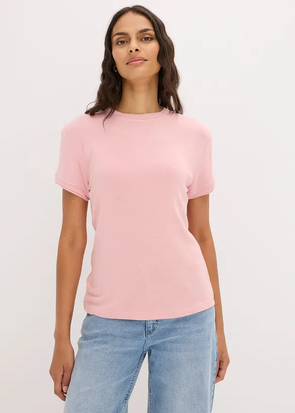 T-Shirt in 2-in-1-Optik aus Viskose-Mix in rosa von vorne (im Anschnitt) - bonprix