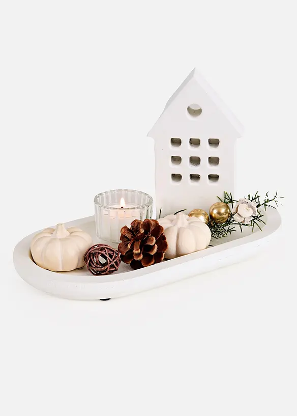 Deko-Tablett mit Haus, Windlicht und Herbstdeko in beige von vorne - bonprix