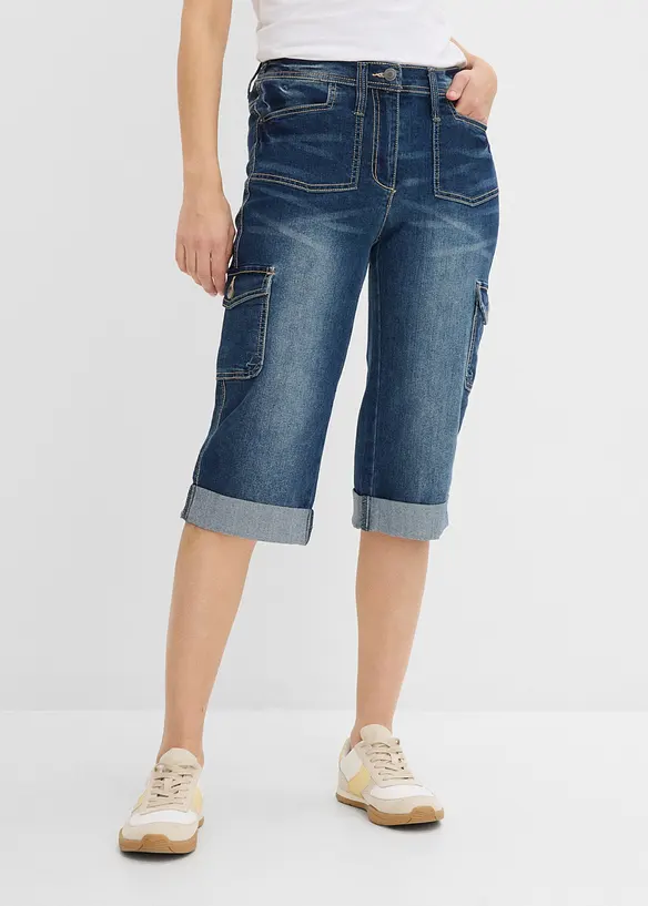 Cargo-Jeans, Mid Waist, Stretch in blau von vorne - bonprix Cargo-Jeans, Mid Waist, Stretch in blau von vorne - bonprix
