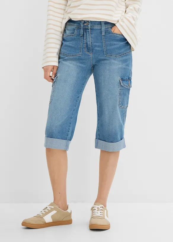 Cargo-Jeans, Mid Waist, Stretch in blau von vorne - bonprix Cargo-Jeans, Mid Waist, Stretch in blau von vorne - bonprix