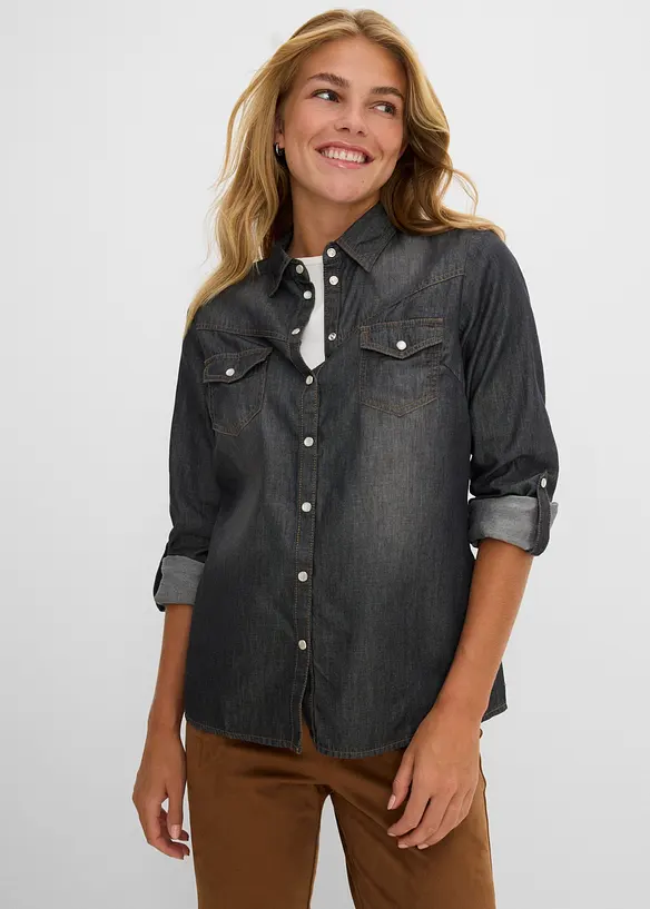 Jeansbluse aus reiner Bio-Baumwolle in schwarz von vorne (im Anschnitt) - bonprix