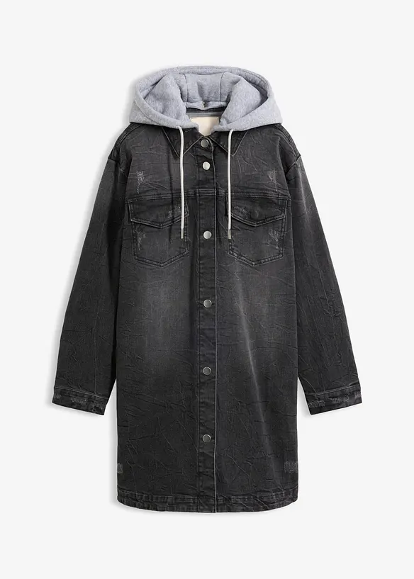 Jeansjacke mit Kapuze in schwarz von vorne - bonprix