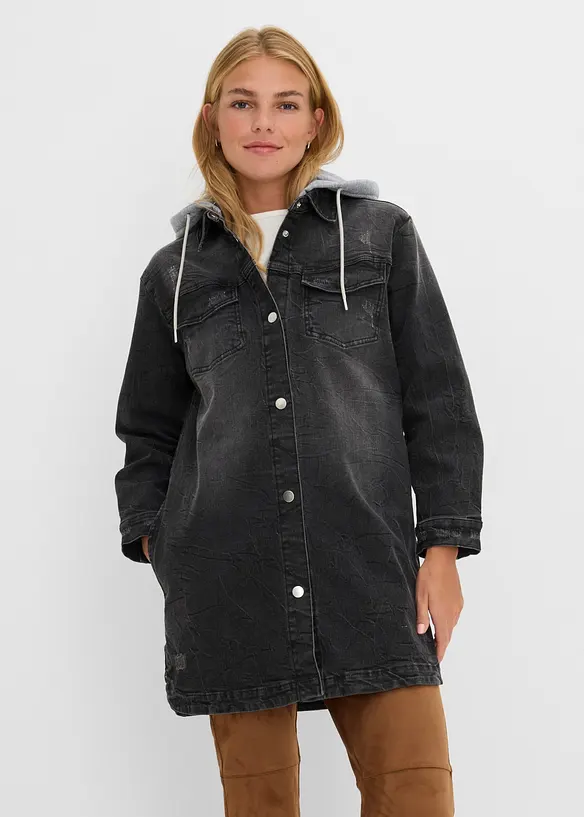 Jeansjacke mit Kapuze in schwarz von vorne (im Anschnitt) - bonprix