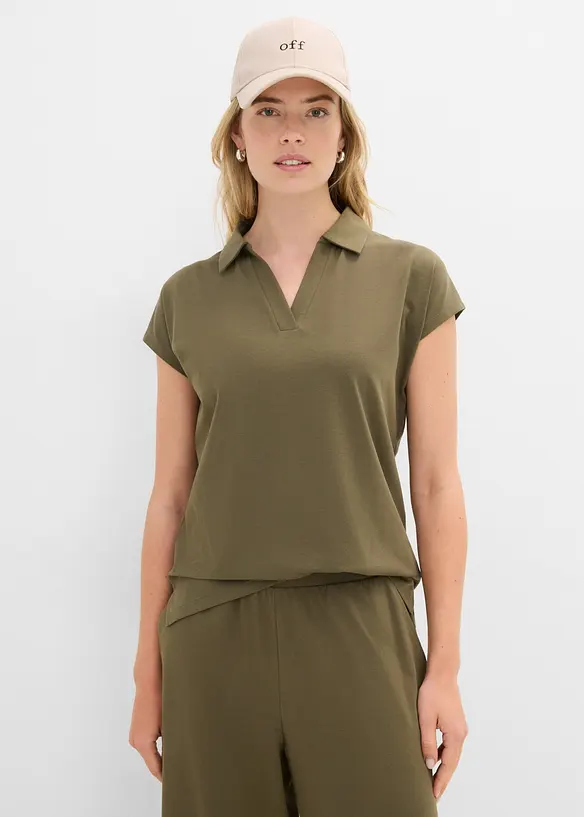 Poloshirt aus elastischem Baumwoll-Mix in grün von vorne (im Anschnitt) - bonprix Poloshirt aus elastischem Baumwoll-Mix in grün von vorne (im Anschnitt) - bonprix