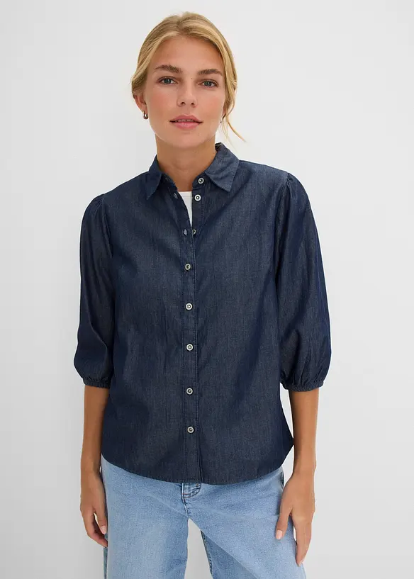 Jeansbluse mit Puffärmeln aus Bio-Baumwolle in blau von vorne (im Anschnitt) - bonprix Jeansbluse mit Puffärmeln aus Bio-Baumwolle in blau von vorne (im Anschnitt) - bonprix