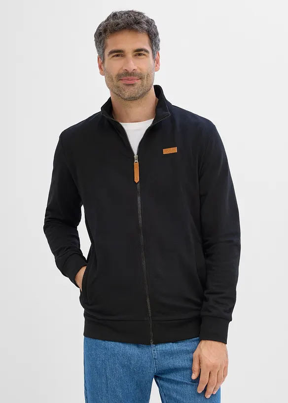 Stehkragen-Sweatjacke mit Lederimitat-Details in schwarz von vorne (im Anschnitt) - bonprix