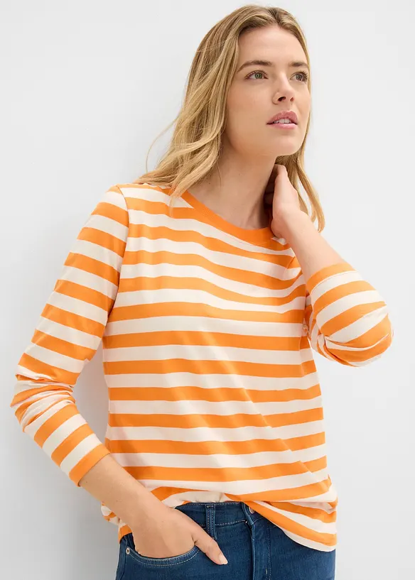 Streifenshirt aus reiner Bio-Baumwolle in orange von vorne (im Anschnitt) - bonprix