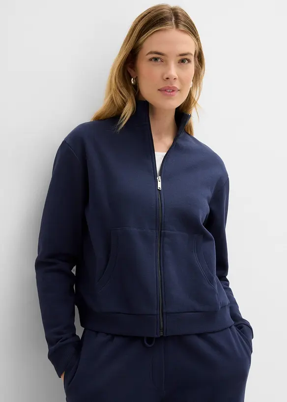 Sweatjacke aus reiner Bio-Baumwolle in blau von vorne (im Anschnitt) - bonprix