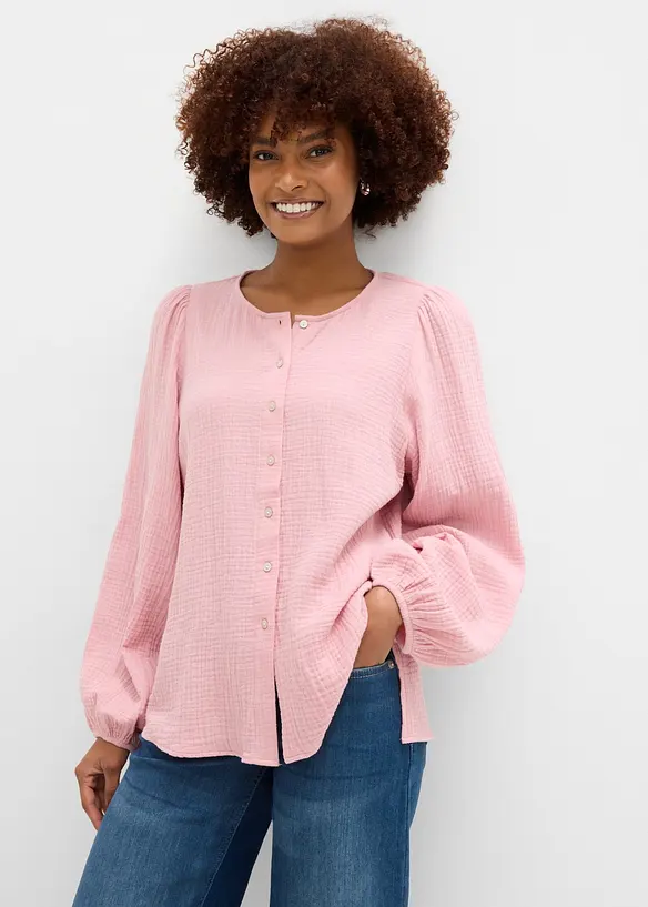 Musselin-Oversize-Bluse aus reiner Baumwolle in rosa von vorne (im Anschnitt) - bonprix Musselin-Oversize-Bluse aus reiner Baumwolle in rosa von vorne (im Anschnitt) - bonprix