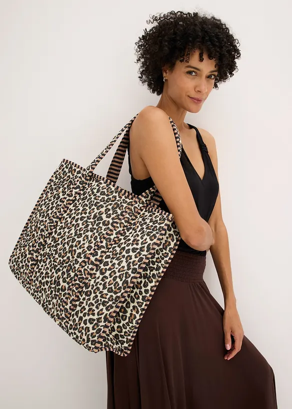 Wendeshopper aus Baumwolle mit Leo Print in beige im Look von vorne (Totalaufnahme) - bonprix