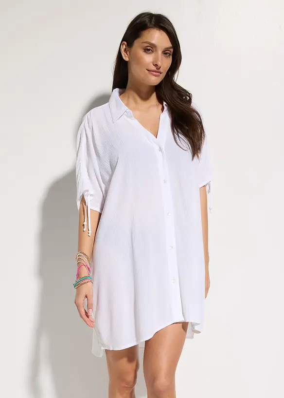 Oversize Strandbluse aus strukturiertem Crinkle in weiß von vorne (im Anschnitt) - bonprix Oversize Strandbluse aus strukturiertem Crinkle in weiß von vorne (im Anschnitt) - bonprix
