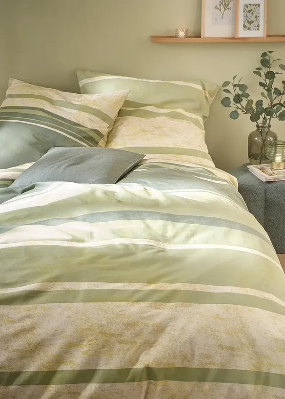 Bettwäsche mit Streifen - grün/beige, Linon - Wohnen