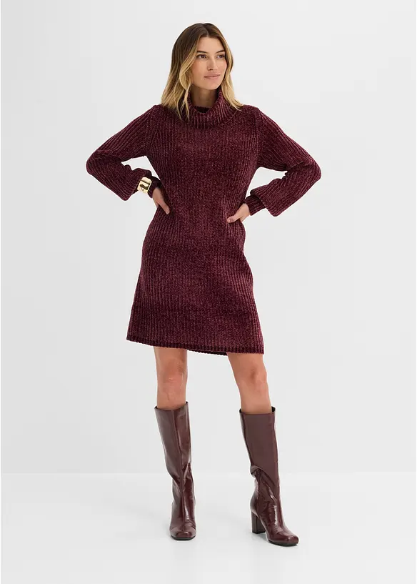 Chenille Strickkleid mit weitem Rollkragen in lila von vorne (Totalaufnahme) - bonprix