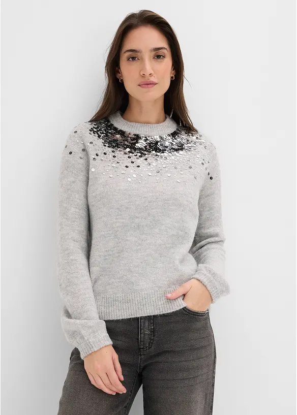 Pullover mit bunten Pailletten in grau von vorne (im Anschnitt) - bonprix Pullover mit bunten Pailletten in grau von vorne (im Anschnitt) - bonprix