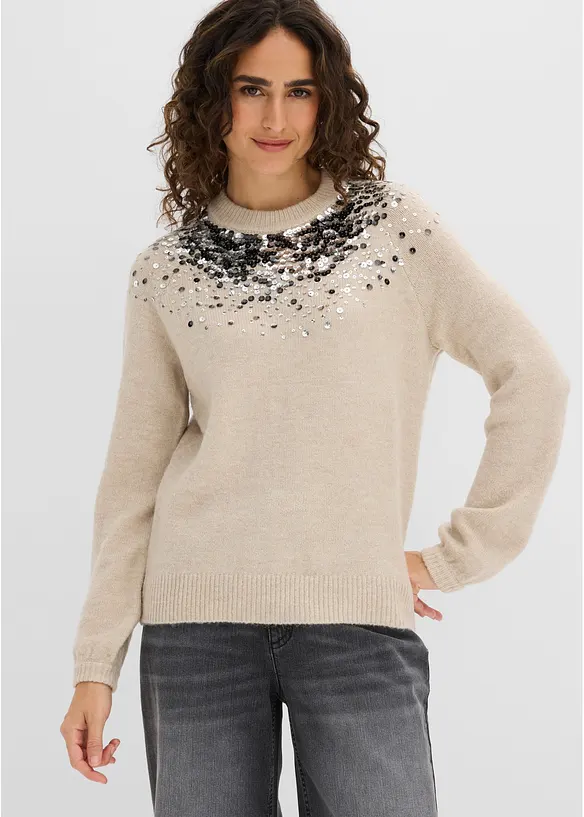 Pullover mit bunten Pailletten in beige von vorne (im Anschnitt) - bonprix
