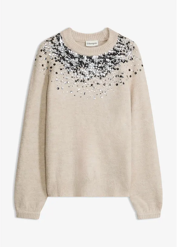 Pullover mit bunten Pailletten in beige von vorne - bonprix