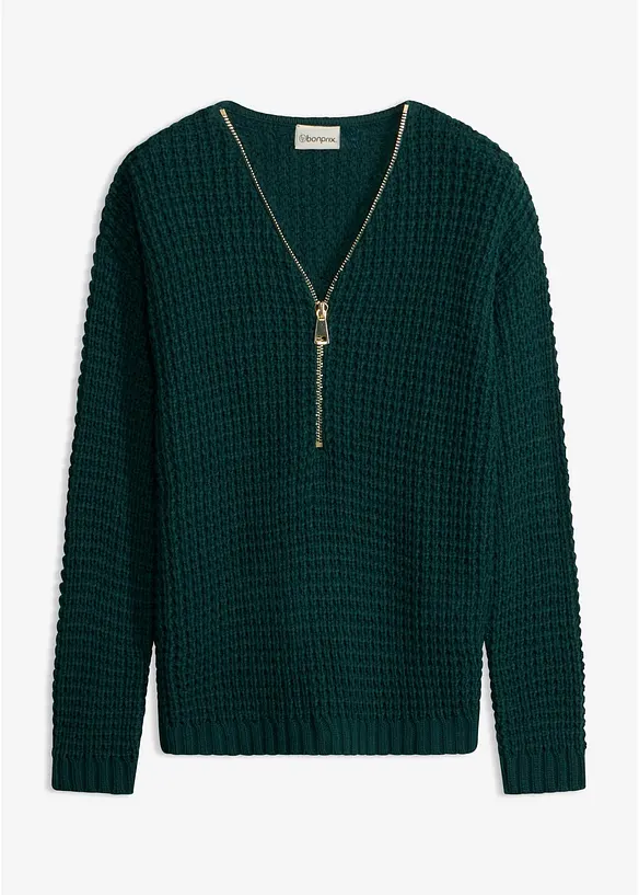 Grobstrick-Pullover mit Reißverschluss-Detail in grün von vorne - bonprix Grobstrick-Pullover mit Reißverschluss-Detail in grün von vorne - bonprix