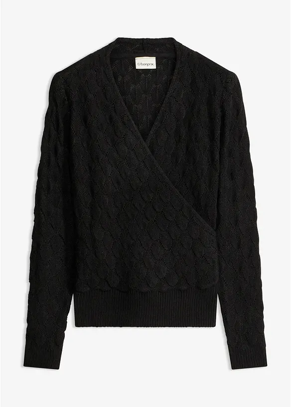 Ajour-Pullover in Wickeloptik in schwarz von vorne - bonprix Ajour-Pullover in Wickeloptik in schwarz von vorne - bonprix