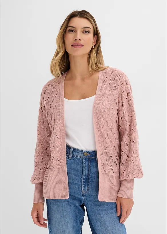 Ajour-Strickjacke mit Pufferärmel in rosa von vorne (im Anschnitt) - bonprix Ajour-Strickjacke mit Pufferärmel in rosa von vorne (im Anschnitt) - bonprix