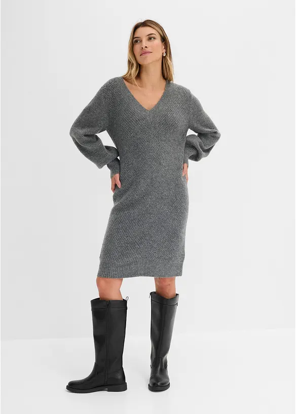 Strickkleid mit Ballonärmeln in grau von vorne (Totalaufnahme) - bonprix