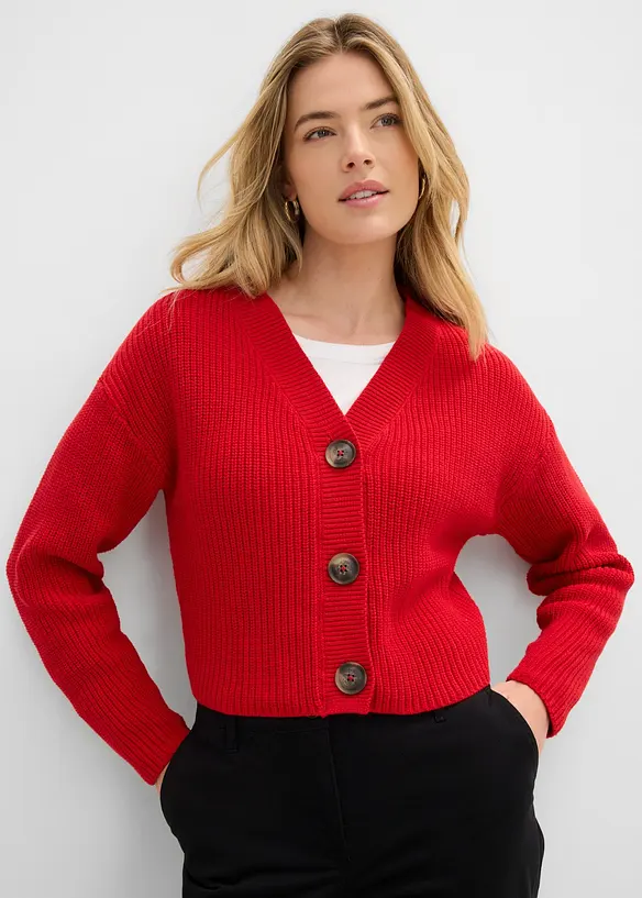 Grobstrickjacke aus reiner Baumwolle in rot von vorne (im Anschnitt) - bonprix Grobstrickjacke aus reiner Baumwolle in rot von vorne (im Anschnitt) - bonprix