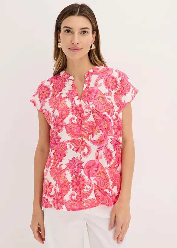 Kurzarmbluse aus fließendem Satin in rosa von vorne (im Anschnitt) - bonprix Kurzarmbluse aus fließendem Satin in rosa von vorne (im Anschnitt) - bonprix