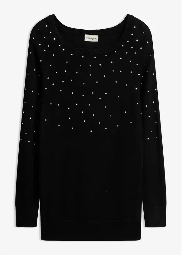 Long-Pullover mit Glitzersteinen in schwarz von vorne - bonprix Long-Pullover mit Glitzersteinen in schwarz von vorne - bonprix