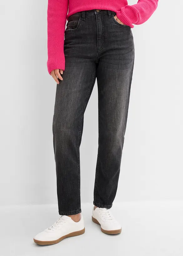 Mom-Jeans High Waist, cropped in schwarz von vorne - bonprix Mom-Jeans High Waist, cropped in schwarz von vorne - bonprix