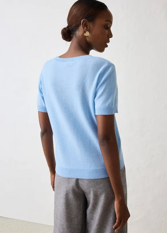 Kurzarmpullover aus reinem Kaschmir mit Good Cashmere Standard® in blau von hinten (im Anschnitt) - bonprix