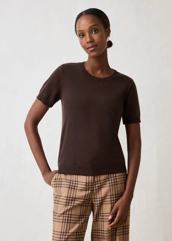 Kurzarmpullover aus reinem Kaschmir mit Good Cashmere Standard® in braun von vorne (im Anschnitt) - bonprix