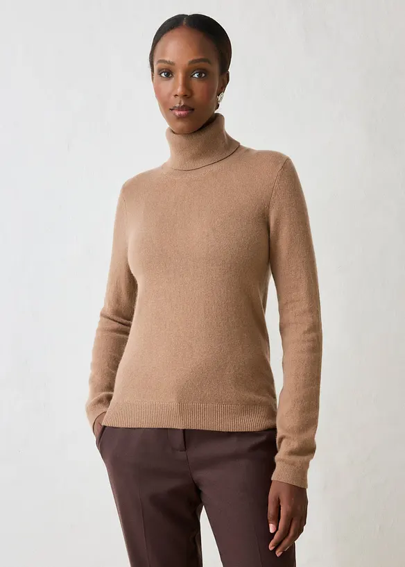 Rollkragenpullover aus weichem Kaschmir-Mix mit Good Cashmere Standard® in braun von vorne (im Anschnitt) - bonprix