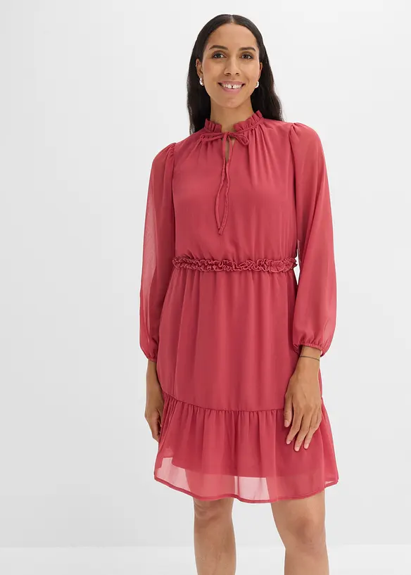 Chiffonkleid mit Rüschendetails in rot von vorne (Totalaufnahme) - bonprix