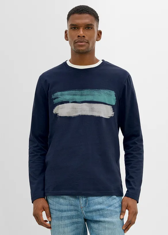 Langarmshirt aus reiner Bio-Baumwolle in blau von vorne (im Anschnitt) - bonprix